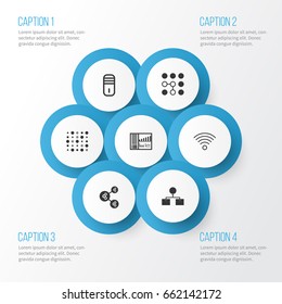 Machine Icons Set. Collection Of Controlling Board, Computing Problems, Analysis Diagram And Other Elements. Also Includes Symbols Such As Control, Algorithm, Communication.