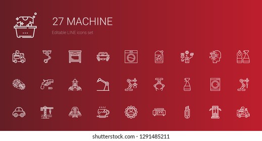 machine icons set. Collection of machine with cutter, crepe maker, settings, tea, robot, crane, car, window cleaner, industrial robot, gun. Editable and scalable machine icons.