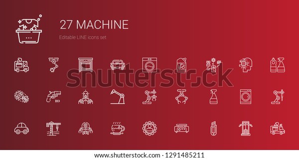 machine icons\
set. Collection of machine with cutter, crepe maker, settings, tea,\
robot, crane, car, window cleaner, industrial robot, gun. Editable\
and scalable machine\
icons.
