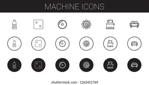 machine icons set. Collection of machine with detergent, dice, saw, settings, toaster, car. Editable and scalable machine icons.
