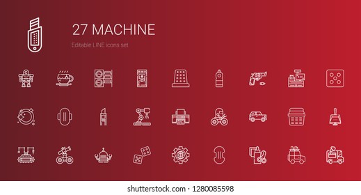 machine icons set. Collection of machine with handcraft, compress, settings, dice, robot, car, printer, industrial robot, cutter, dishwashing. Editable and scalable machine icons.