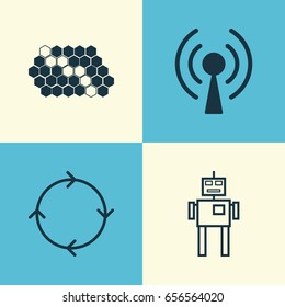 Machine Icons Set. Collection Of Hive Pattern, Radio Waves, Cyborg And Other Elements. Also Includes Symbols Such As Machine, Cycle, Pattern.