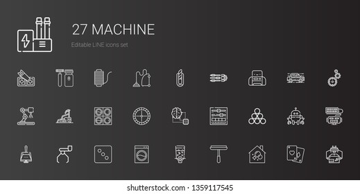 machine icons set. Collection of machine with housekeeping, window cleaner, dispenser, washing machine, dice, robot, dustpan, industry, setting. Editable and scalable icons.