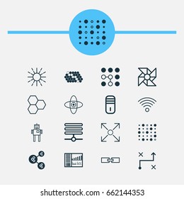 Machine Icons Set. Collection Of Information Components, Branching Program, Laptop Ventilator And Other Elements. Also Includes Symbols Such As Shared, Gear, Cells.