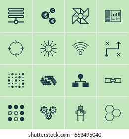 Machine Icons Set. Collection Of Information Components, Information Base, Variable Architecture And Other Elements. Also Includes Symbols Such As Illustration, Arrow, Linked.