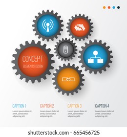 Machine Icons Set. Collection Of Mainframe, Hive Pattern, Related Information And Other Elements. Also Includes Symbols Such As Microprocessor, Diagram, Linked.