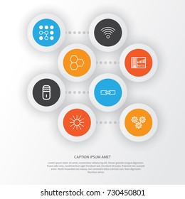 Machine Icons Set. Collection Of Mainframe, Computing Problems, Mechanism Parts And Other Elements. Also Includes Symbols Such As Information, Shine, Communication.