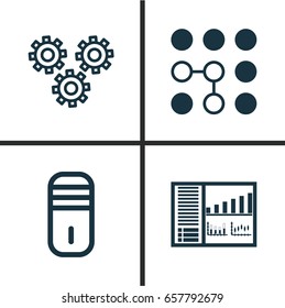 Machine Icons Set. Collection Of Mechanism Parts, Mainframe, Controlling Board And Other Elements. Also Includes Symbols Such As Panel, Cogwheels, Control.