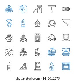 machine icons set. Collection of machine with oven, detergent, gym station, treadmill, cutter, robot, cashier, sewing, car, atm, dice, cleaning. Editable and scalable machine icons.