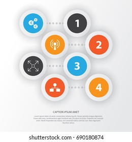 Machine Icons Set. Collection Of Radio Waves, Branching Program, Analysis Diagram And Other Elements. Also Includes Symbols Such As Diagram, Shared, Wireless.