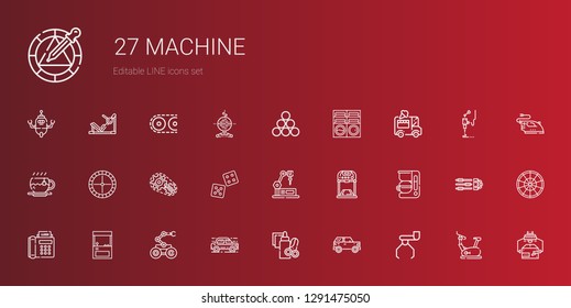 machine icons set. Collection of machine with robot, car, handcraft, arcade, fax, coffee maker, treadmill, industrial robot, dice, setting. Editable and scalable machine icons.