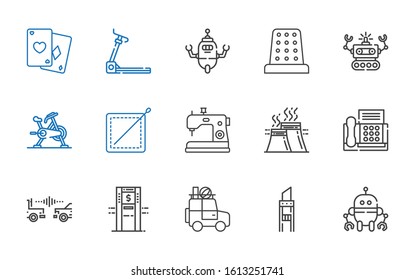 machine icons set. Collection of machine with robot, cutter, car, atm, fax, industry, sewing machine, sewing, stationary bike, thimble, treadmill. Editable and scalable icons.