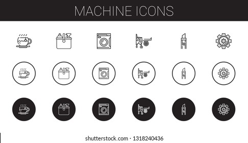 machine icons set. Collection of machine with tea, cleaning, washing machine, engine, cutter, settings. Editable and scalable icons.