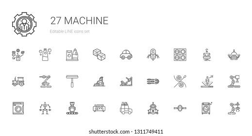 machine icons set. Collection of machine with wheel, robot, car, crepe maker, washing machine, sewing, settings, gym station, treadmill, window cleaner. Editable and scalable icons.