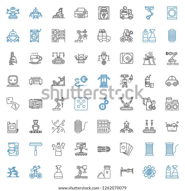 machine icons set.\
Collection of machine with window cleaner, settings, robot,\
electric razor, industrial robot, stationary bike, thread. Editable\
and scalable machine\
icons.
