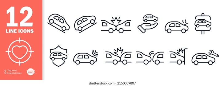 Machine icons set. Driving training. Descent and ascent from the hill. Accident. Insurance. Sale of a car. Car service. Vector eps 10.