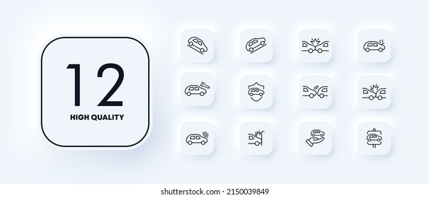 Machine icons set. Driving training. Descent and ascent from the hill. Accident. Insurance. Sale of a car. Car service. Neomorphism style. Vector eps 10.