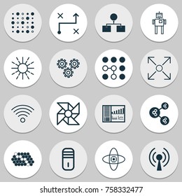 Machine Icons Set With Solution, Cyborg, Wireless Communications And Other Lightness Mode Elements. Isolated Vector Illustration Machine Icons.