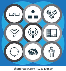 Machine icons set with wireless network, wi-fi, loop algorithm and other related information elements. Isolated vector illustration machine icons.