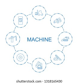 machine icons. Trendy 8 machine icons. Contain icons such as forklift, excavator, vending machine, vacuum cleaner, gear, construction crane. icon for web and mobile.