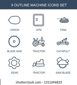 machine icons. Trendy 9 machine icons. Contain icons such as Lemon, atm, tank, blade saw, tractor, catapult, gear, saw blade. machine icon for web and mobile.