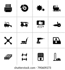 Machine icons. vector collection filled machine icons. includes symbols such as car window lift, car chassis, wheel wrench, coffee, break. use for web, mobile and ui design.