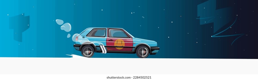 Machine illustration, side view against the background of the cosmic sky