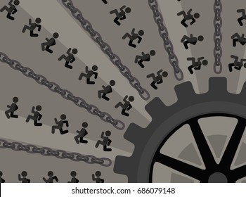 Machine industrial running people figures, vector illustration color cartoon, horizontal