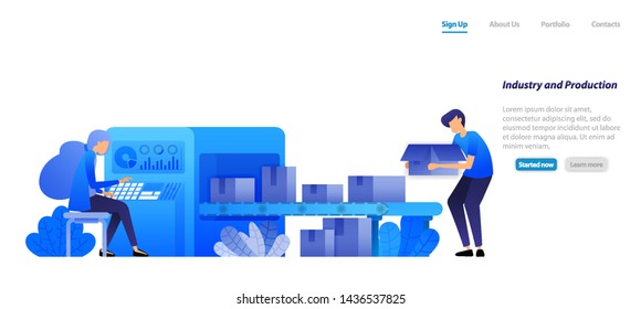 machine industry 4.0 and factory production, conveyor belts 
engine send boxes are operated by a woman. flat illustration concept for landing page, web, ui, banner, flyer, poster, template, background