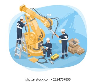 Machine installation and maintenance concept robot arm isometric for heavy load industrial yellow on white background isolated