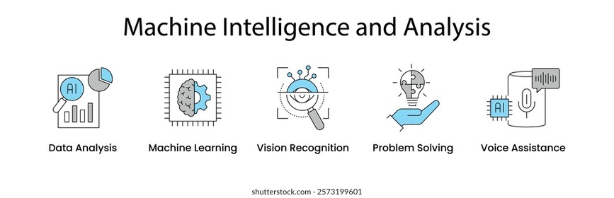 Machine Intelligence and Analysis Icon Set. Data analysis, machine learning, vision recognition, problem solving, and voice assistance icons for AI-powered analytics. Vector icon set.