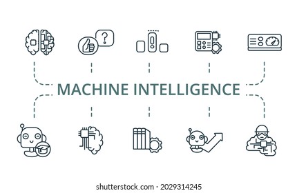 Machine Intelligence icon set. Contains editable icons theme such as pattern, skills hacking, learning and more.