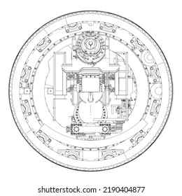 Machine internal cross-section, tunnel boring head, tunnel boring head drawings and machine internal parts, machine internal drive system, industrial operation technology, main drive injection line.
