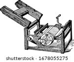 A machine Invented by Eli Whitney, quickly separates the cotton fibers from their seeds, enabling greater productivity than manual cotton separation, vintage line drawing or engraving illustration.