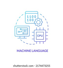 Icono de concepto de degradado azul en lenguaje de máquina. Código de objeto para CPU. Tipo de ilustración de línea delgada de idea abstracta del lenguaje de la computadora. Dibujo de contorno aislado. Se usa una fuente Myriad Pro-Bold