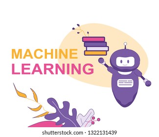Machine Larning. Vector Banner Illustration. Blue Artificial Intelligence Chat Bot Keeps Books. Computer Brain Abilities and Information Contains Electronic Program Quickly Learn New Function