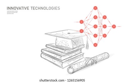 Machine learning 3D low poly technology business concept. Neural network training artificial intelligence. Graduation cap, books, diploma polygonal modern design banner template vector illustration