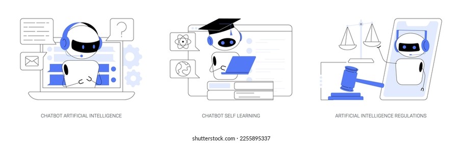 Machine learning abstract concept vector illustration set. Chatbot artificial intelligence, virtual assistant self learning, AI development law regulations, language processing abstract metaphor.