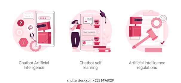 Machine learning abstract concept vector illustration set. Chatbot artificial intelligence, virtual assistant self learning, AI development law regulations, language processing abstract metaphor.