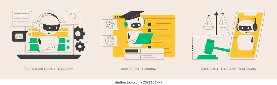 Machine learning abstract concept vector illustration set. Chatbot artificial intelligence, virtual assistant self learning, AI development law regulations, language processing abstract metaphor.