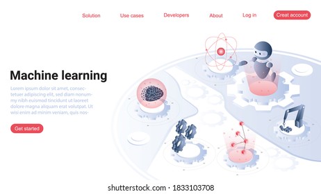 Machine learning and AI artificial intelligence, robot technology, big data science. Conceptual isometric vector illustration for web and graphic design.