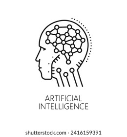 Aprendizaje automático, icono de contorno de algoritmo de inteligencia artificial de IA. Aprendizaje automático, informática y tecnología de inteligencia artificial símbolo vectorial de línea con neuronas cerebrales en cabeza androide