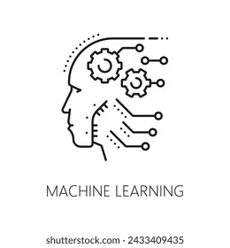 Maschinelles Lernen, ein Algorithmussymbol künstlicher Intelligenz, verfügt über einen stilisierten menschlichen oder Roboterkopf mit verbundenen Knoten und Schaltungen, der die neuronalen Netzwerke und datengetriebenen Algorithmen symbolisiert