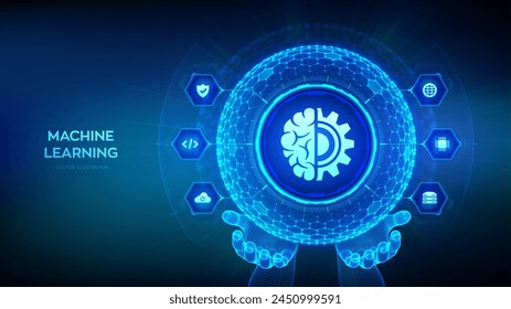 Machine learning. AI Artificial Intelligence. Data mining, Big Data, algorithm, neural network. 3D sphere with surface of hexagons with Machine learning icon in wireframe hands. Vector illustration.