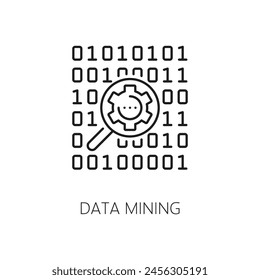 Aprendizaje automático, inteligencia artificial, icono de algoritmo de minería de datos. Ciencia de la inteligencia artificial, análisis de datos de inteligencia artificial, línea de innovación digital símbolo de Vector con código binario y lupa