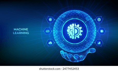 Machine learning. AI Artificial Intelligence. Data mining, Big Data, algorithm, neural network. 3D sphere with surface of hexagons with Machine learning icon in wireframe hand. Vector illustration.