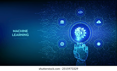 Aprendizado de máquina. Inteligência Artificial de IA. Aprendizagem profunda. Big Data, rede neural. Fundo com conexões de placa de circuito e ícones técnicos. Botão de pressão da mão do modelo de arames. Ilustração de vetor.