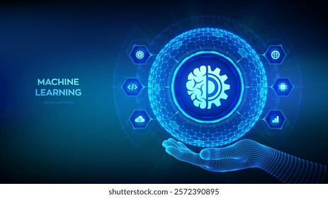 Machine learning. AI Artificial Intelligence. Data mining, Big Data, algorithm, neural network. 3D sphere with surface of hexagons with Machine learning icon in wireframe hand. Vector illustration.