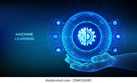 Machine learning. AI Artificial Intelligence. Data mining, Big Data, algorithm, neural network. 3D sphere with surface of hexagons with Machine learning icon in wireframe hand. Vector illustration.