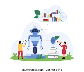 Machine learning, AI assistant training using cloud data storage and library. Tiny people teach robot with help of voice commands, books from digital shelf and mobile app cartoon vector illustration